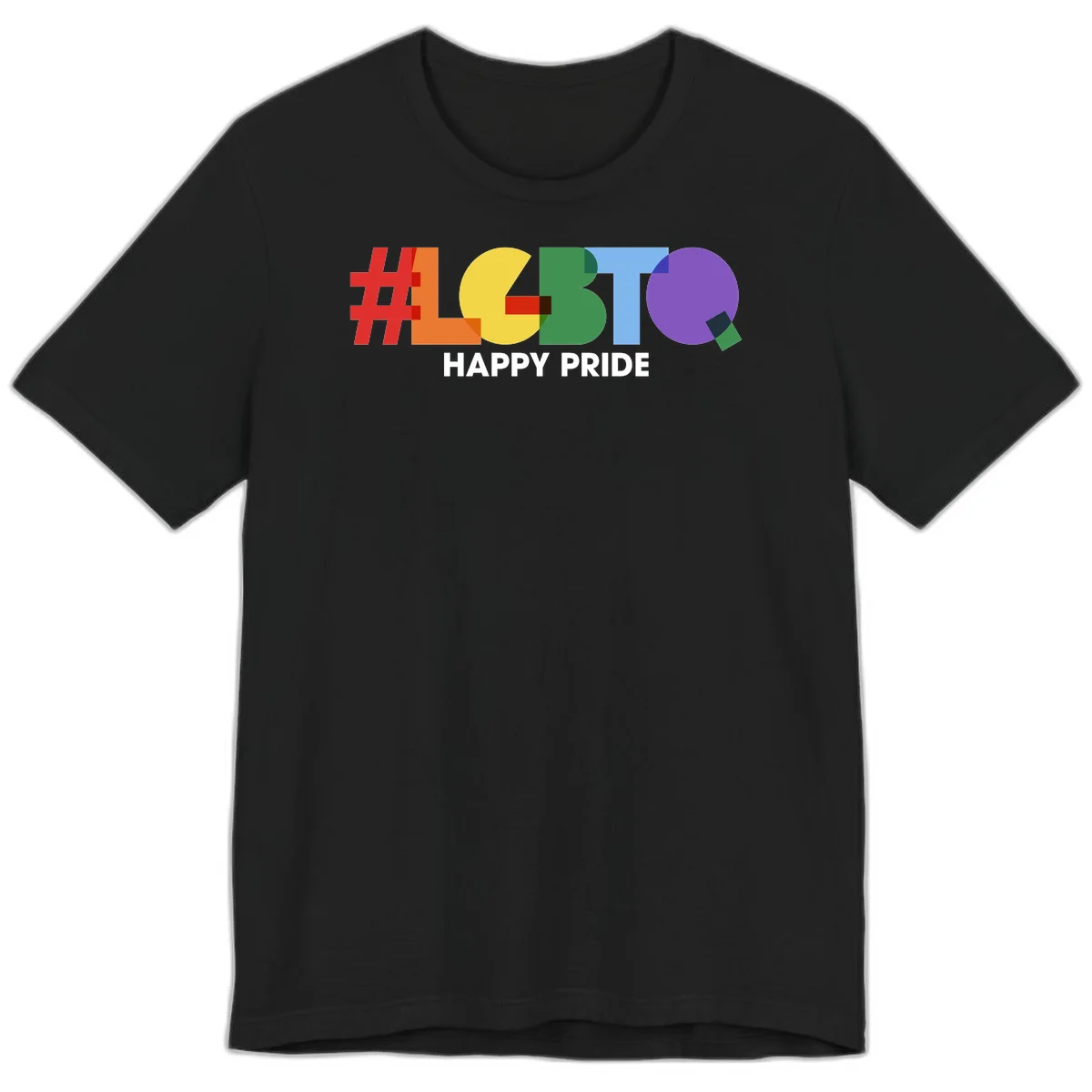 Colorful geometric letters spelling 'Happy Pride' in rainbow colors including red, orange, yellow, green, blue, and purple on gray background in Black