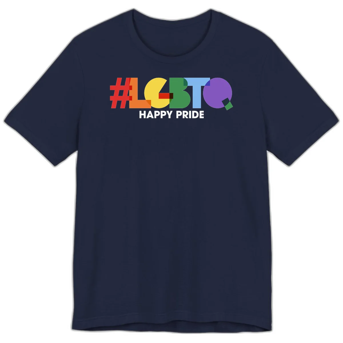 Colorful geometric letters spelling 'Happy Pride' in rainbow colors including red, orange, yellow, green, blue, and purple on gray background in Navy