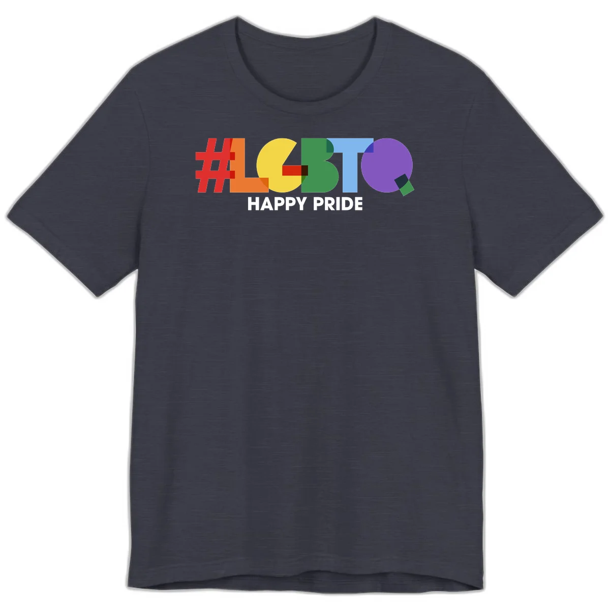 Colorful geometric letters spelling 'Happy Pride' in rainbow colors including red, orange, yellow, green, blue, and purple on gray background in Heather Midnight Navy