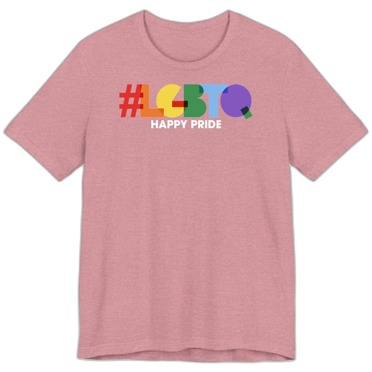 Colorful geometric letters spelling 'Happy Pride' in rainbow colors including red, orange, yellow, green, blue, and purple on gray background in Heather Orchid