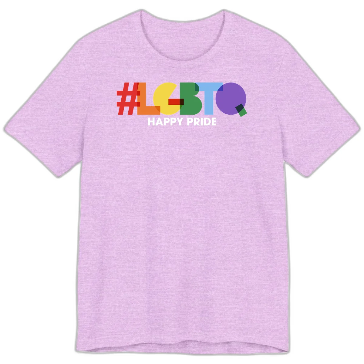 Colorful geometric letters spelling 'Happy Pride' in rainbow colors including red, orange, yellow, green, blue, and purple on gray background in Heather Prism Lilac