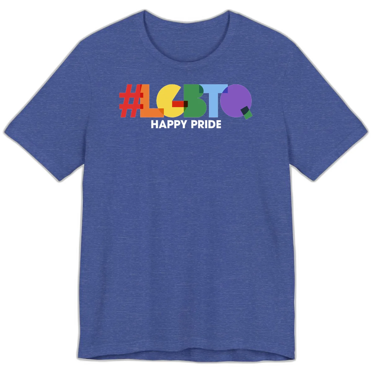Colorful geometric letters spelling 'Happy Pride' in rainbow colors including red, orange, yellow, green, blue, and purple on gray background in Heather True Royal