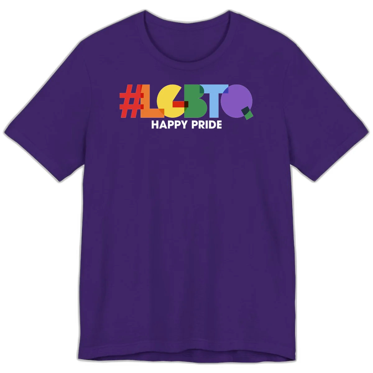 Colorful geometric letters spelling 'Happy Pride' in rainbow colors including red, orange, yellow, green, blue, and purple on gray background in Team Purple