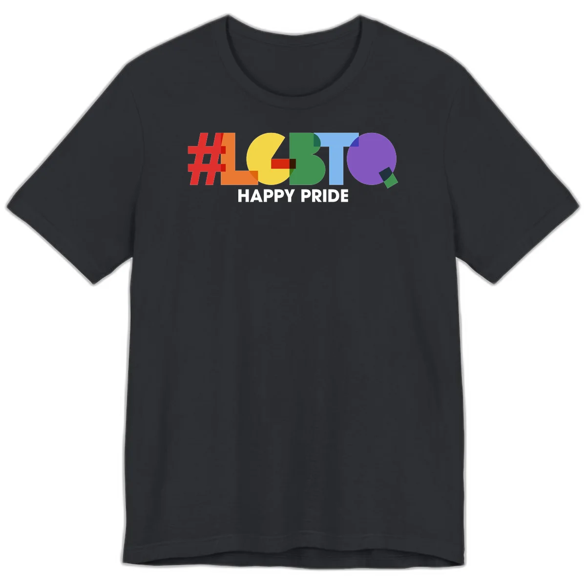 Colorful geometric letters spelling 'Happy Pride' in rainbow colors including red, orange, yellow, green, blue, and purple on gray background in Vintage Black