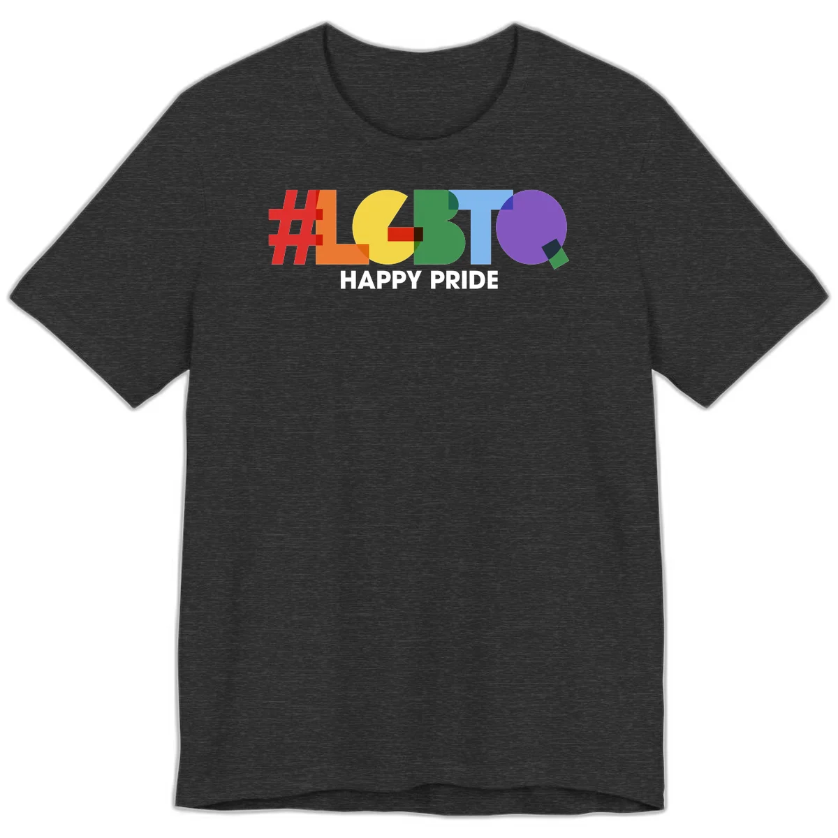 Colorful geometric letters spelling 'Happy Pride' in rainbow colors including red, orange, yellow, green, blue, and purple on gray background in Dark Grey Heather