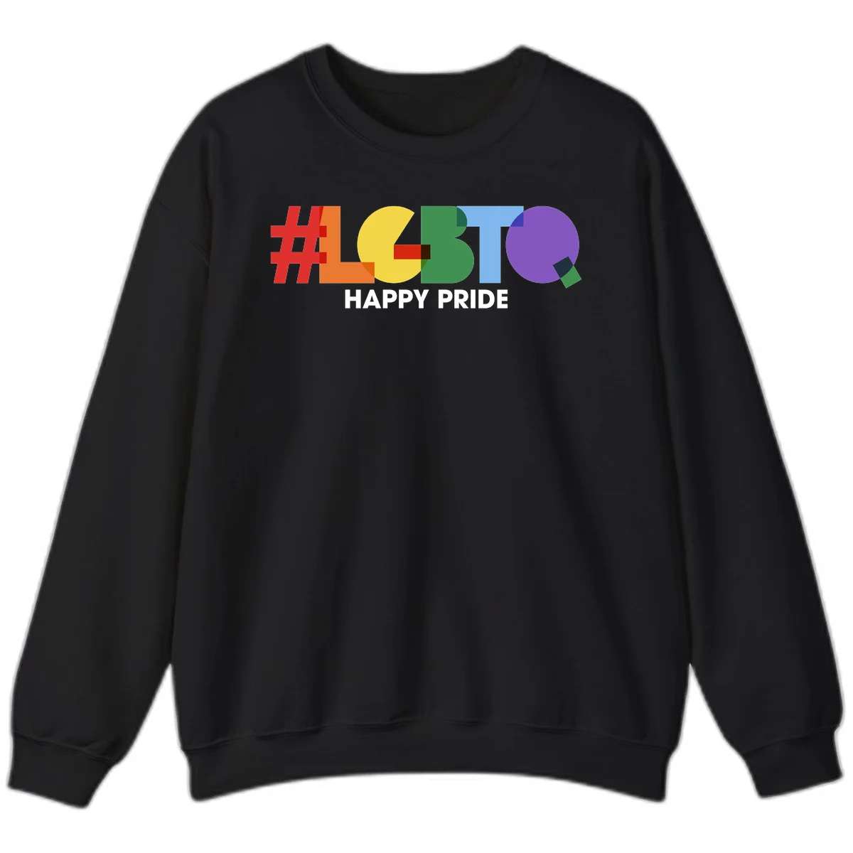 Colorful geometric letters spelling 'Happy Pride' in rainbow colors including red, orange, yellow, green, blue, and purple on gray background in Black