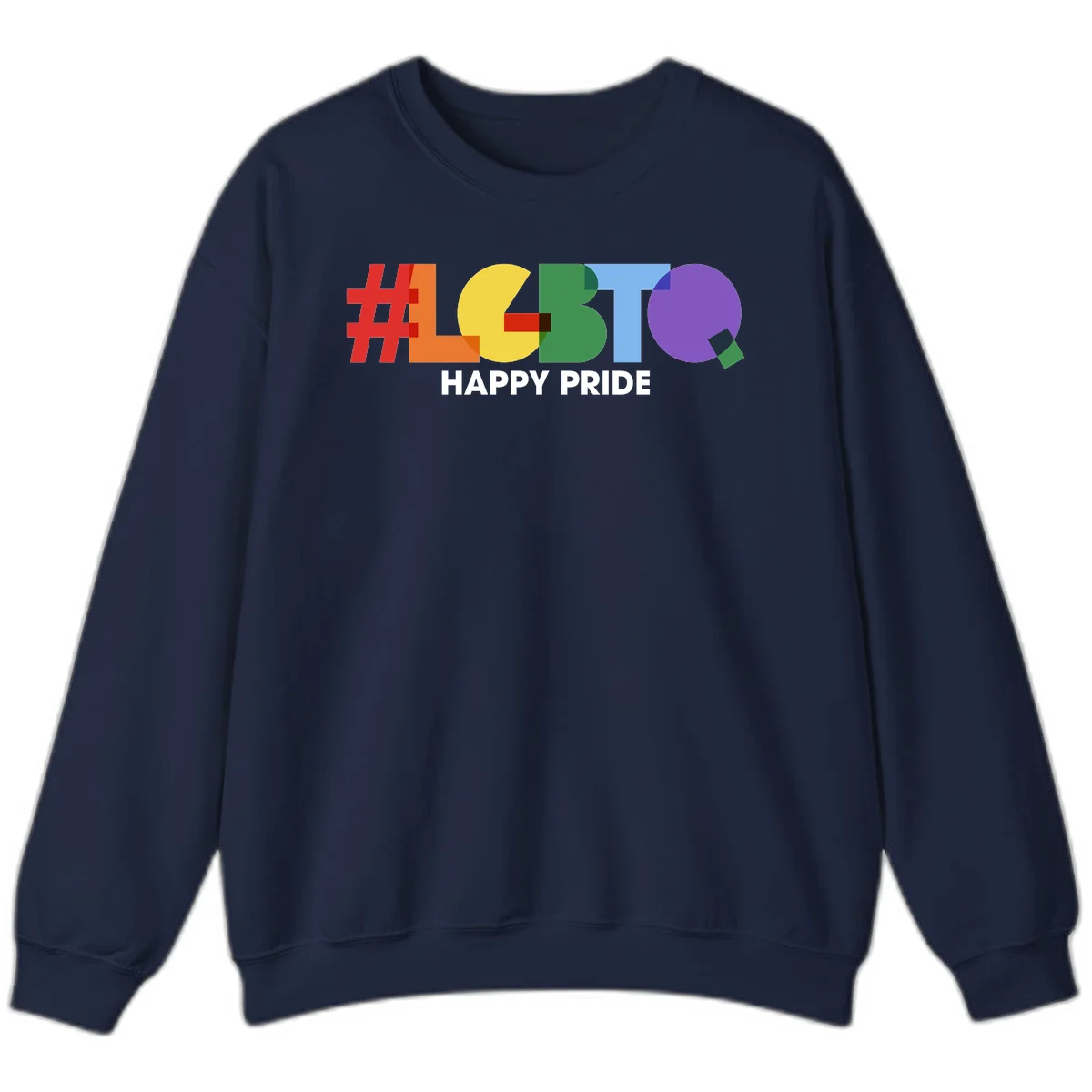 Colorful geometric letters spelling 'Happy Pride' in rainbow colors including red, orange, yellow, green, blue, and purple on gray background in Navy