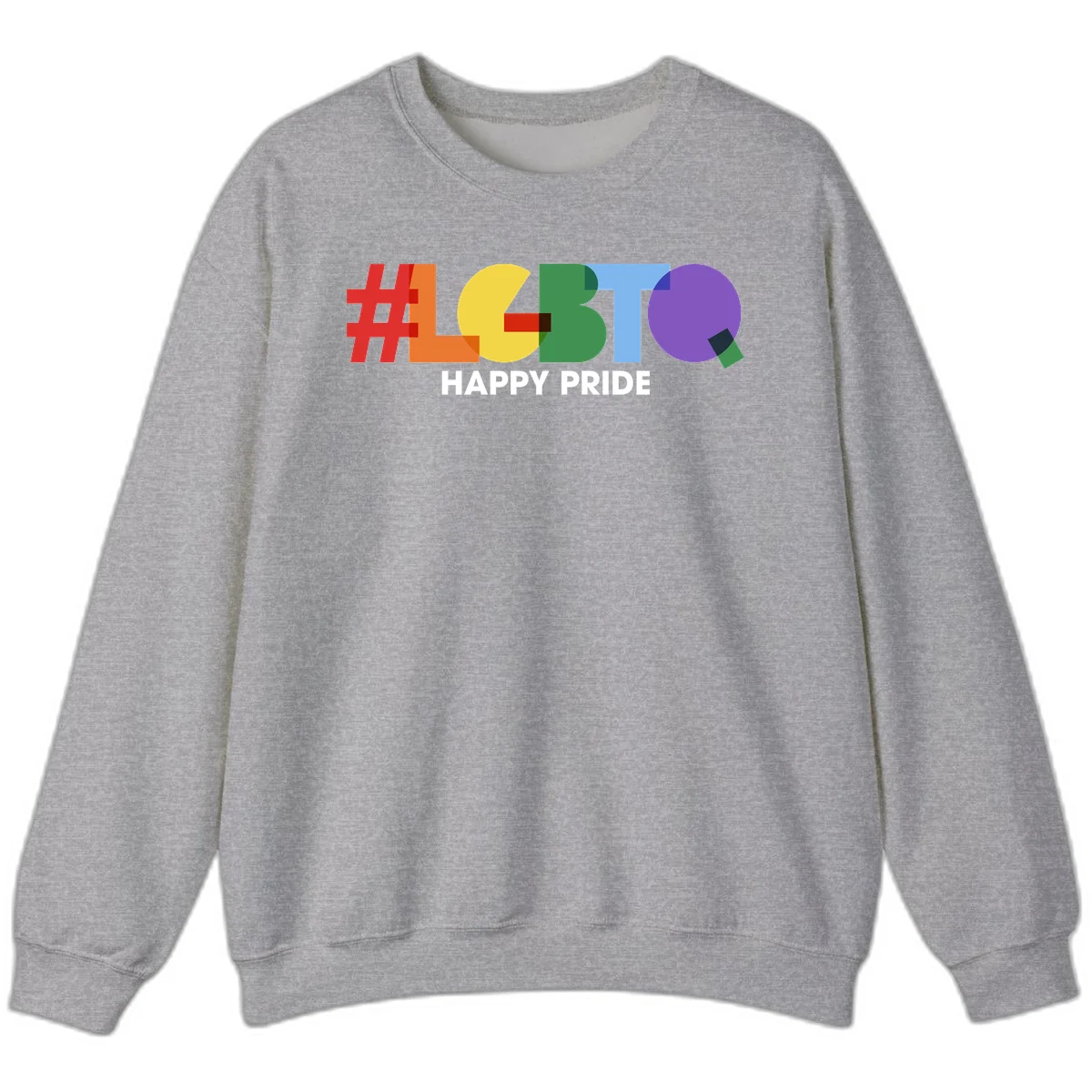 Colorful geometric letters spelling 'Happy Pride' in rainbow colors including red, orange, yellow, green, blue, and purple on gray background in Sport Grey