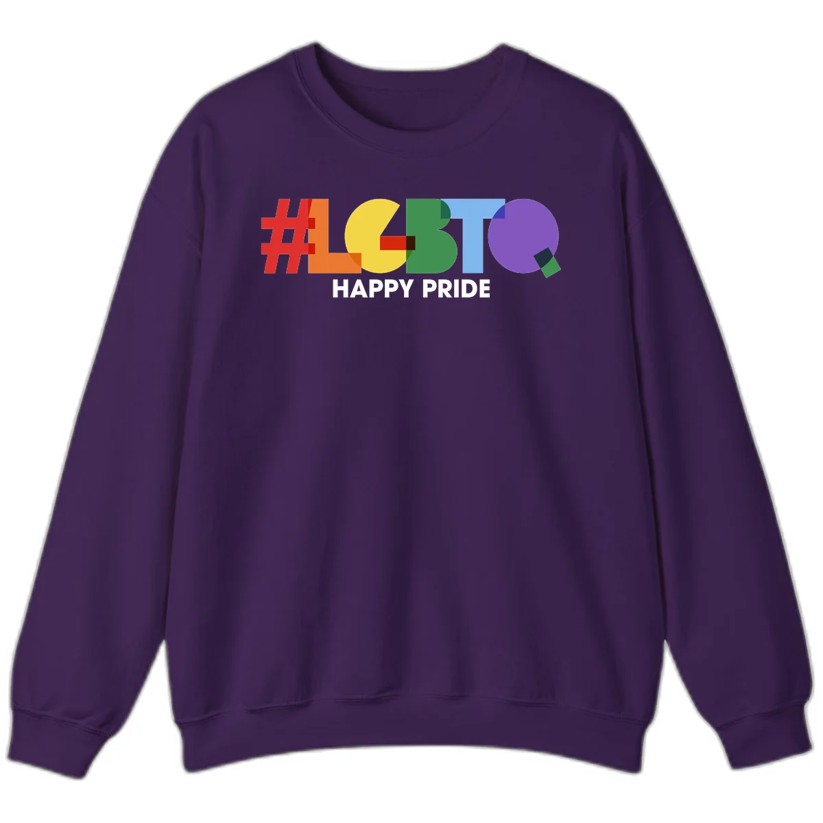 Colorful geometric letters spelling 'Happy Pride' in rainbow colors including red, orange, yellow, green, blue, and purple on gray background in Purple