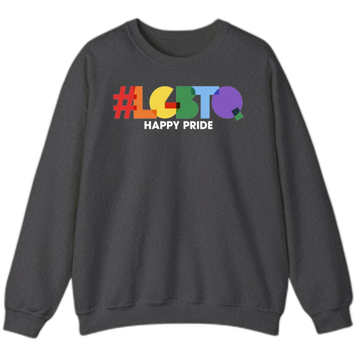Colorful geometric letters spelling 'Happy Pride' in rainbow colors including red, orange, yellow, green, blue, and purple on gray background in Dark Heather
