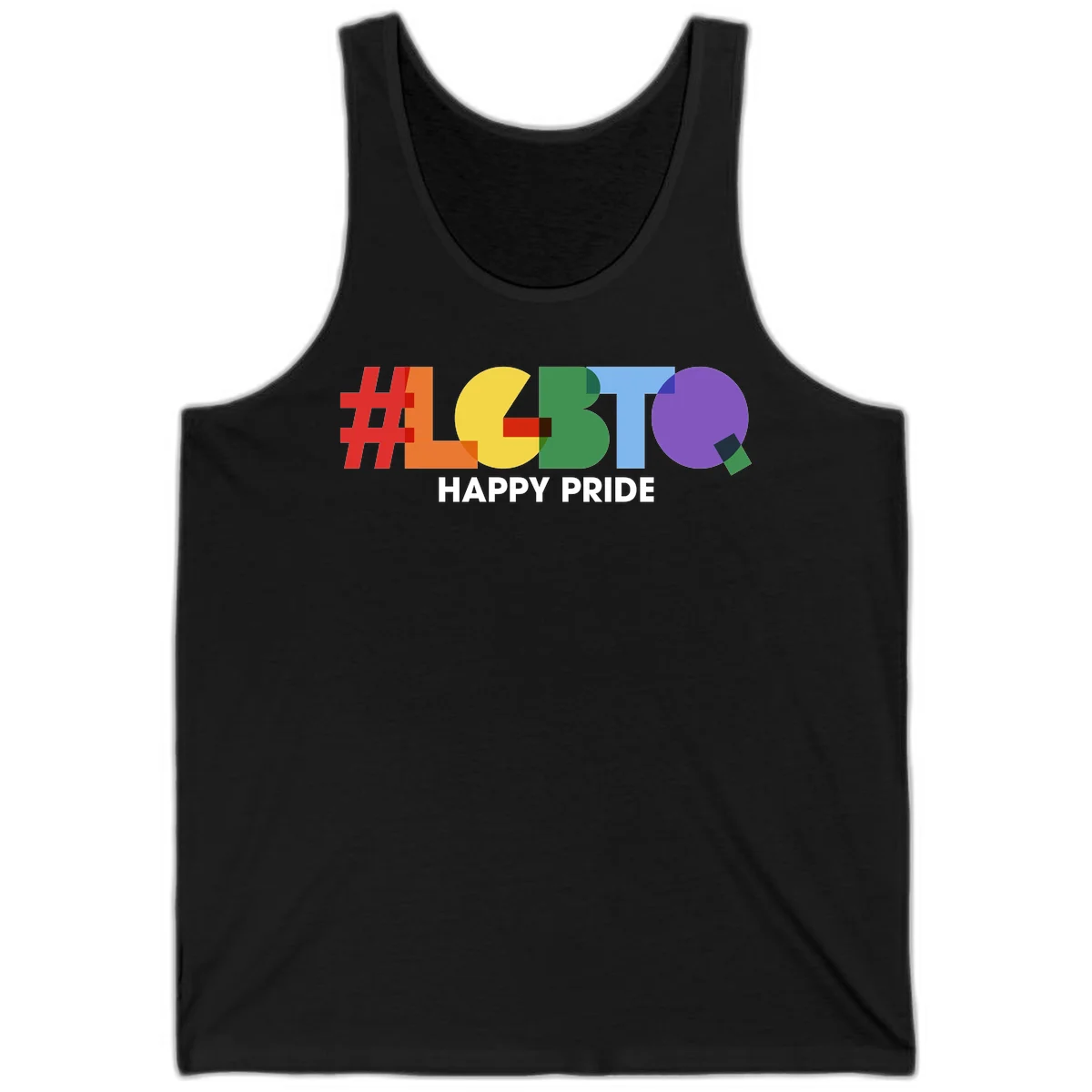 Colorful geometric letters spelling 'Happy Pride' in rainbow colors including red, orange, yellow, green, blue, and purple on gray background in Black