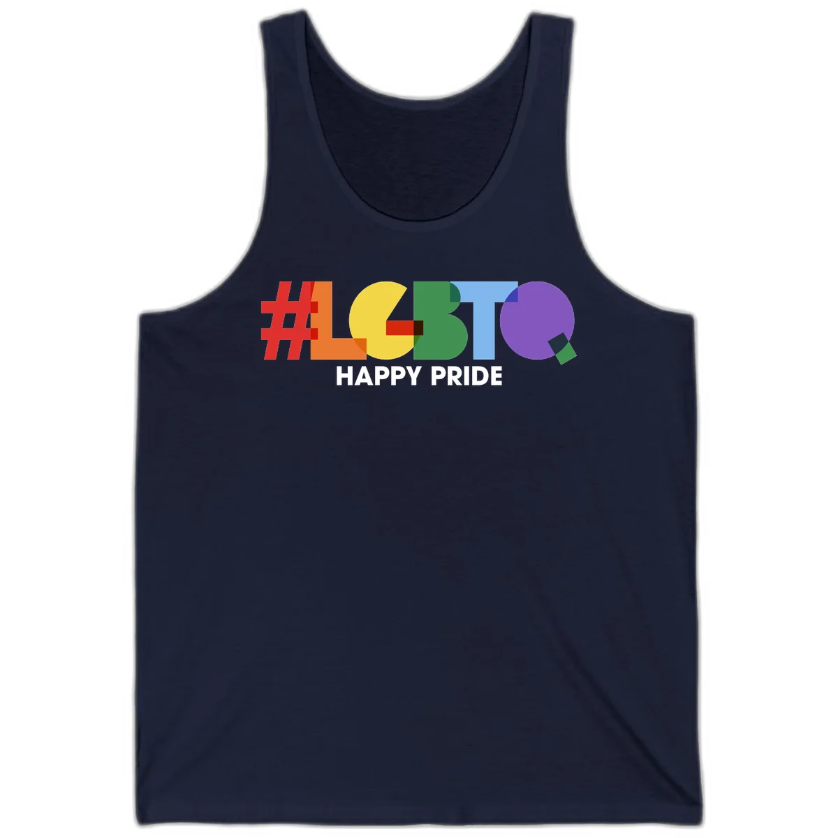 Colorful geometric letters spelling 'Happy Pride' in rainbow colors including red, orange, yellow, green, blue, and purple on gray background in Navy