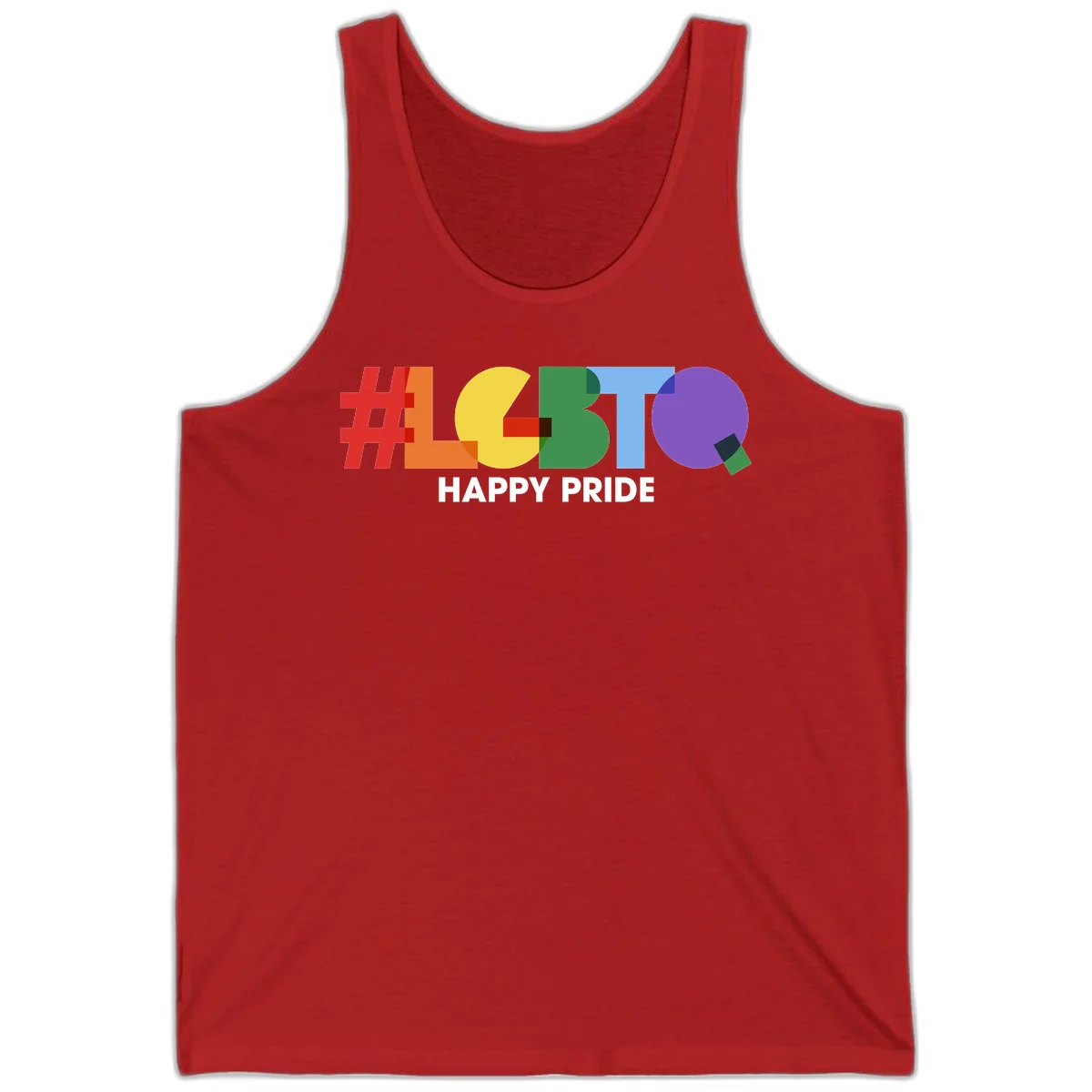 Colorful geometric letters spelling 'Happy Pride' in rainbow colors including red, orange, yellow, green, blue, and purple on gray background in Red