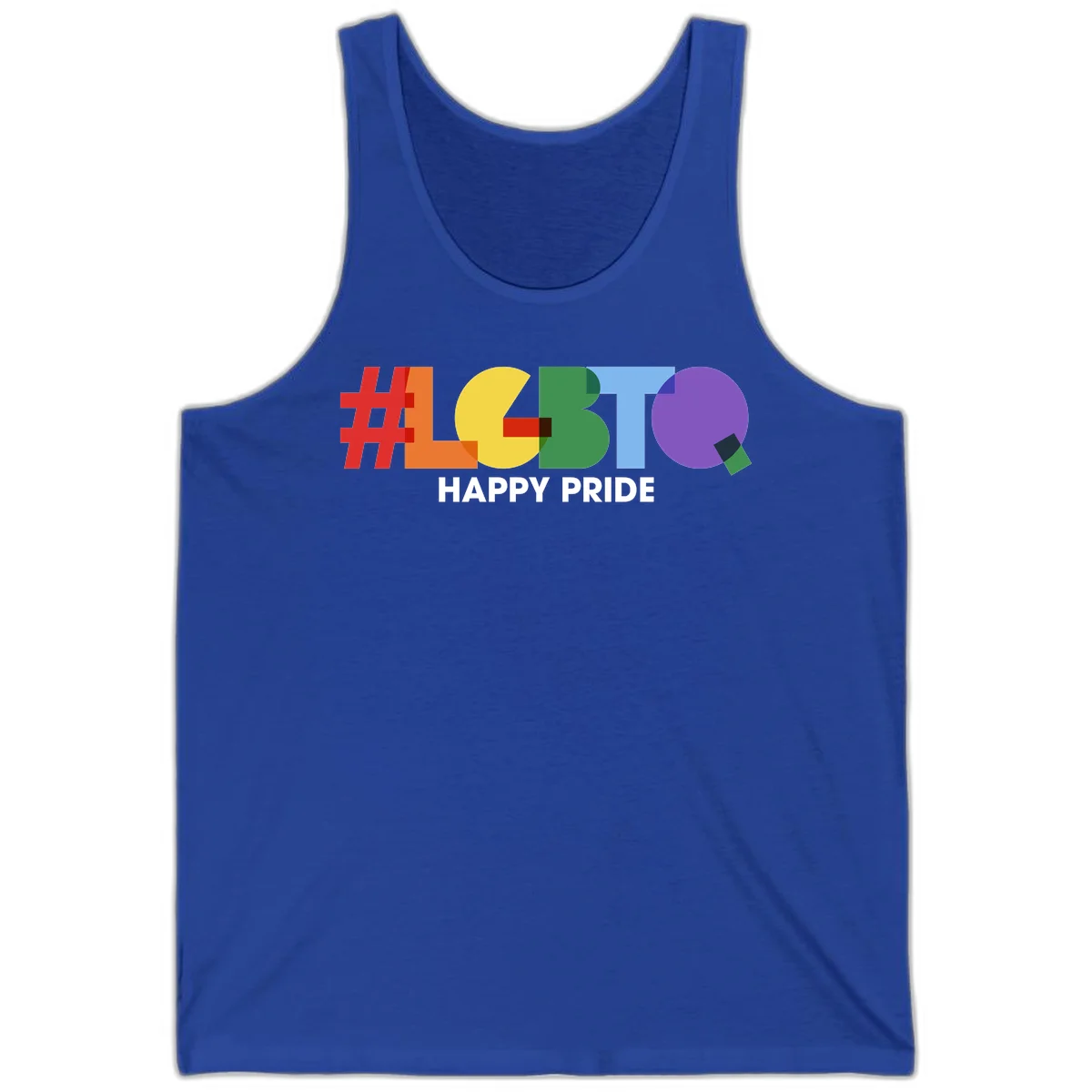 Colorful geometric letters spelling 'Happy Pride' in rainbow colors including red, orange, yellow, green, blue, and purple on gray background in True Royal
