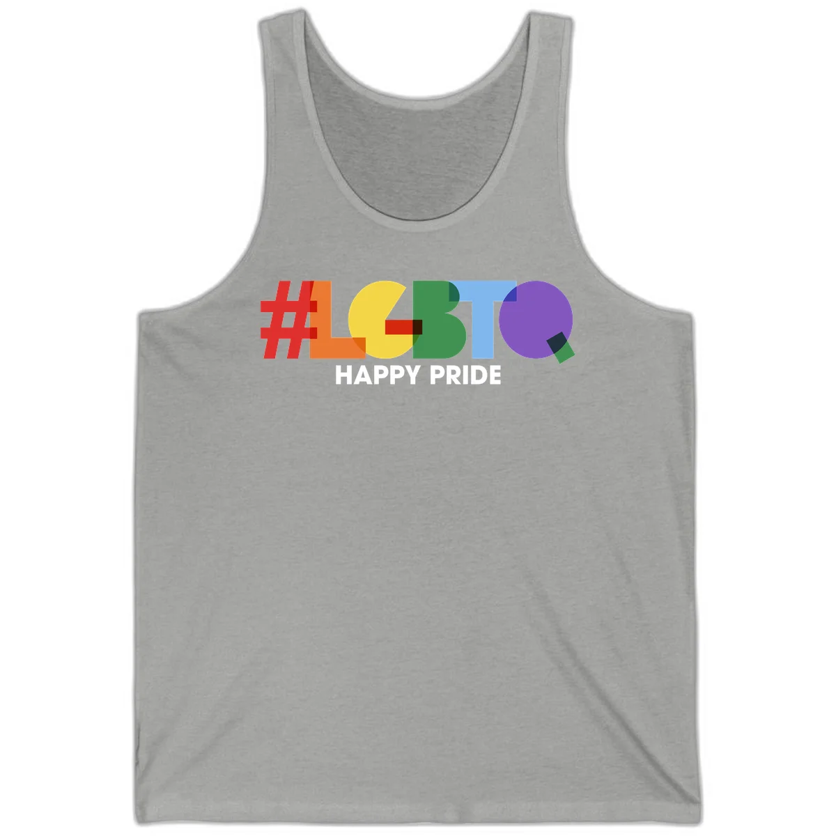Colorful geometric letters spelling 'Happy Pride' in rainbow colors including red, orange, yellow, green, blue, and purple on gray background in Athletic Heather