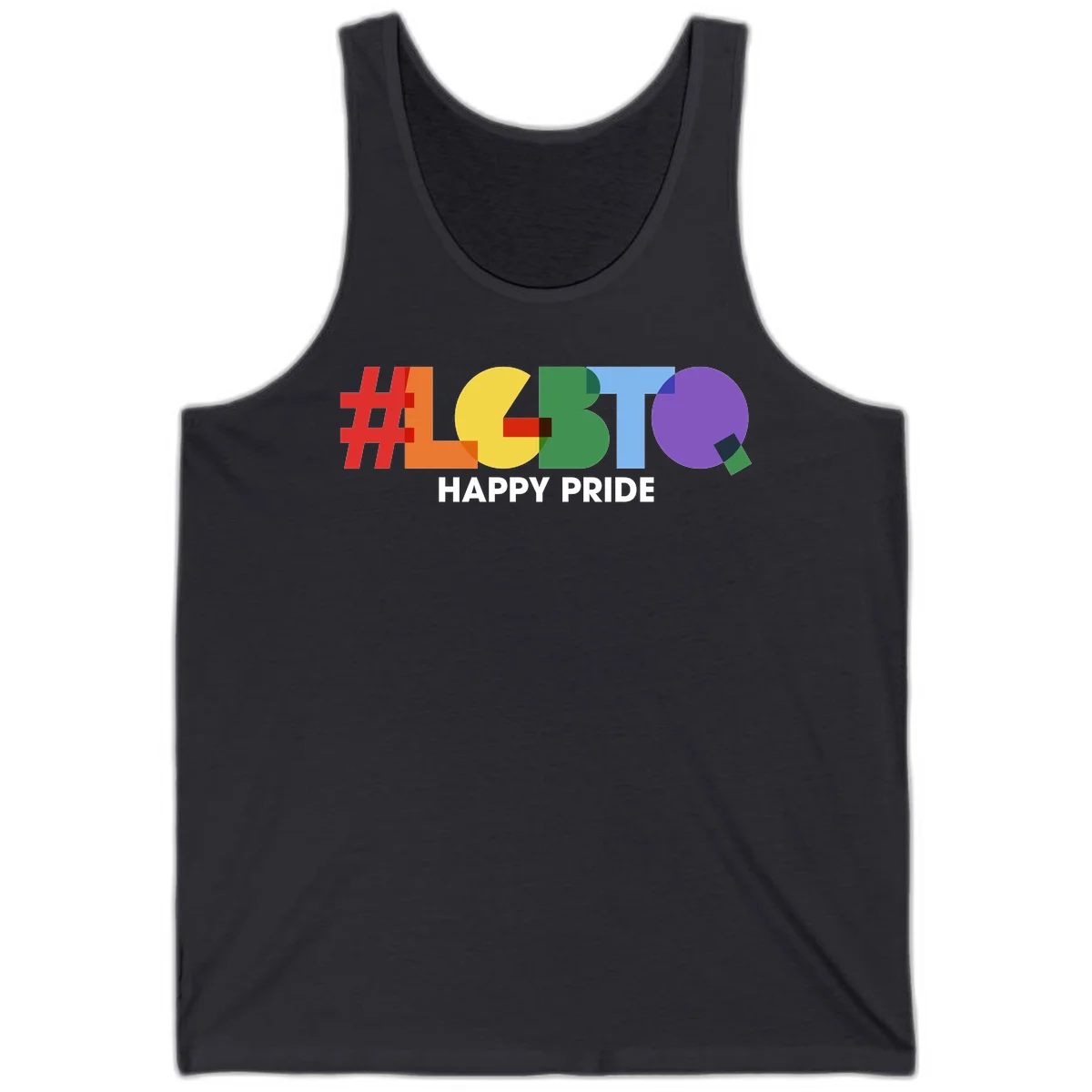 Colorful geometric letters spelling 'Happy Pride' in rainbow colors including red, orange, yellow, green, blue, and purple on gray background in Dark Grey