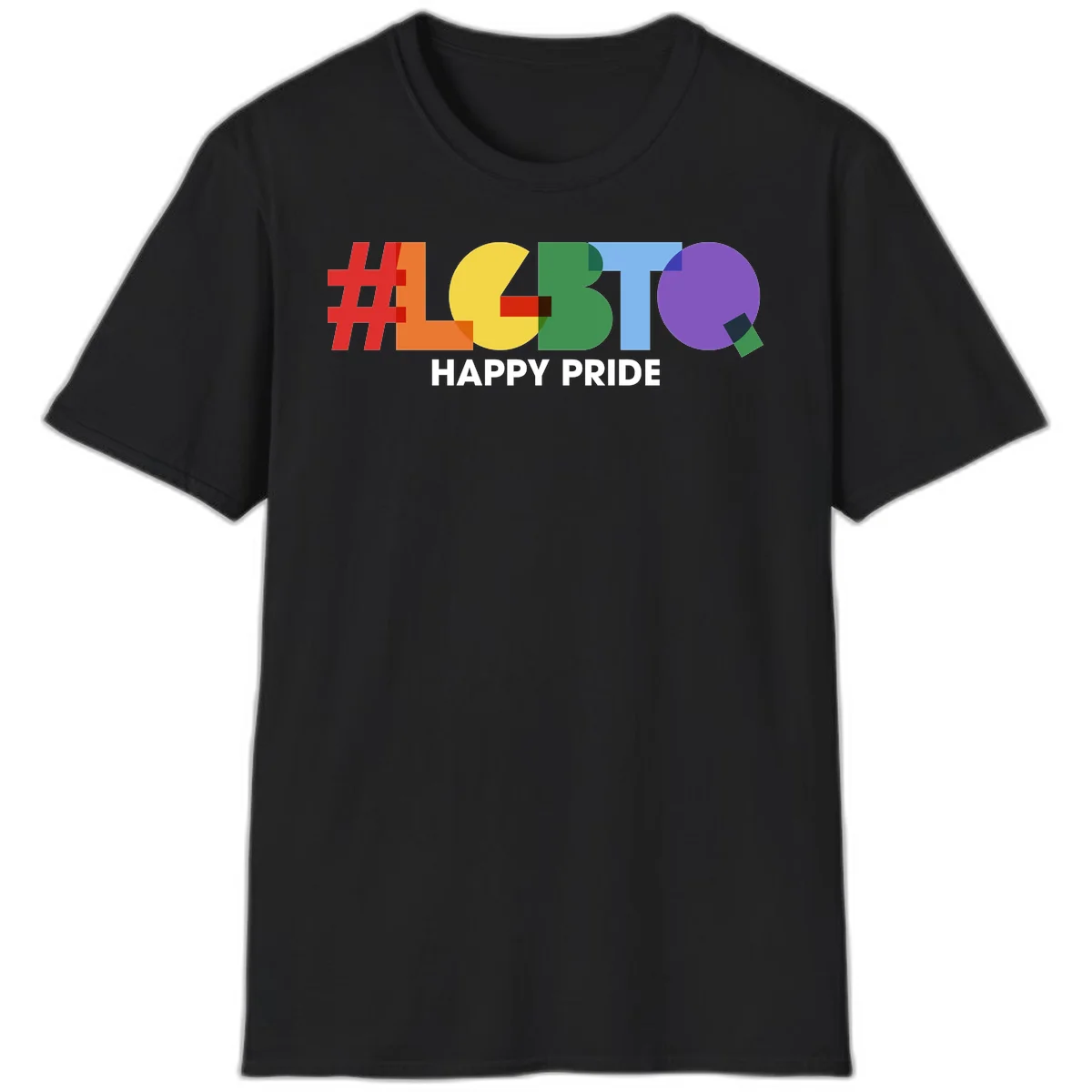 Colorful geometric letters spelling 'Happy Pride' in rainbow colors including red, orange, yellow, green, blue, and purple on gray background in Black