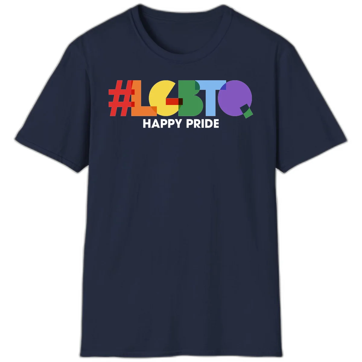 Colorful geometric letters spelling 'Happy Pride' in rainbow colors including red, orange, yellow, green, blue, and purple on gray background in Navy