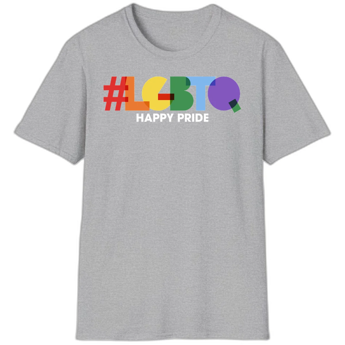 Colorful geometric letters spelling 'Happy Pride' in rainbow colors including red, orange, yellow, green, blue, and purple on gray background in Sport Grey