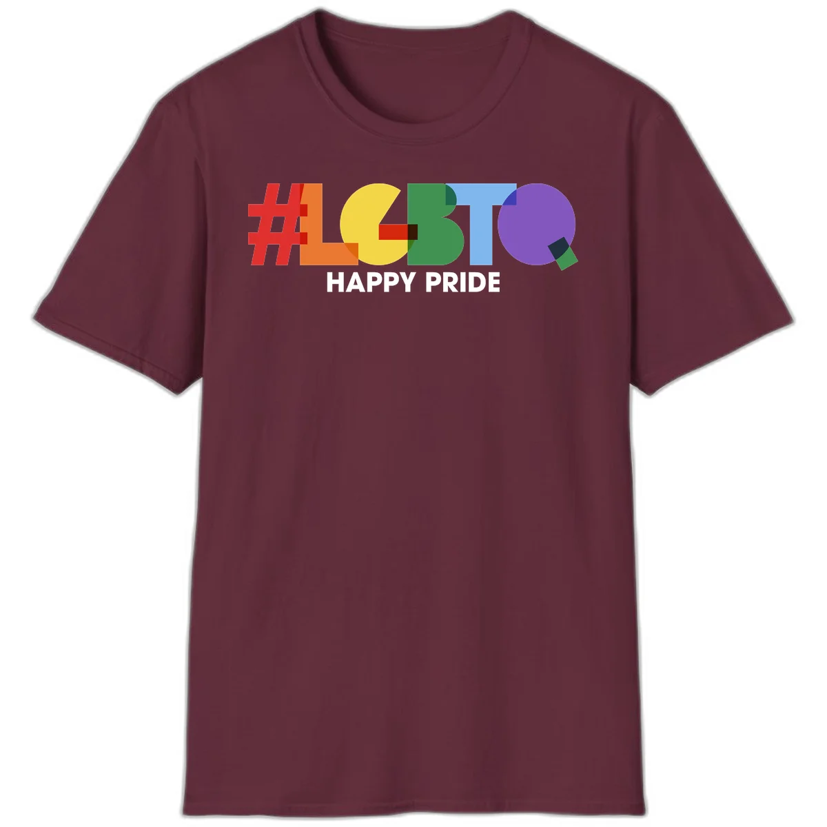 Colorful geometric letters spelling 'Happy Pride' in rainbow colors including red, orange, yellow, green, blue, and purple on gray background in Maroon