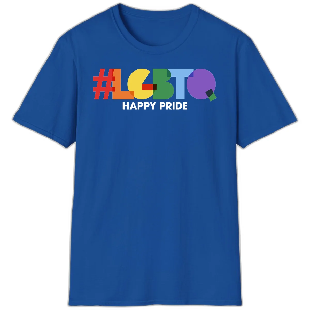 Colorful geometric letters spelling 'Happy Pride' in rainbow colors including red, orange, yellow, green, blue, and purple on gray background in Royal
