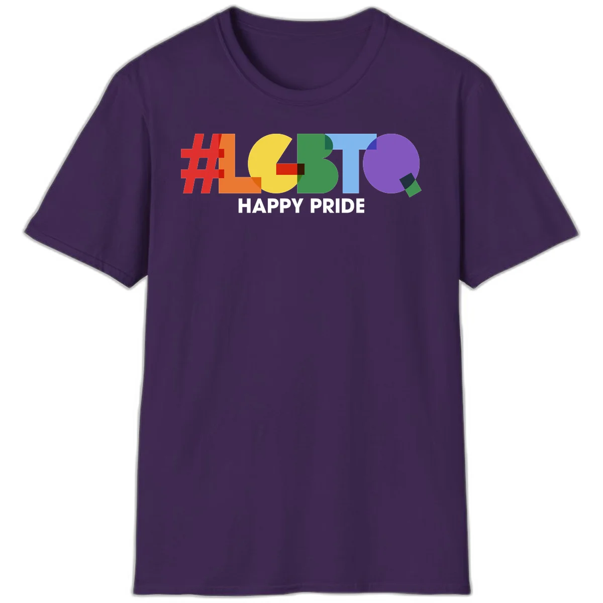 Colorful geometric letters spelling 'Happy Pride' in rainbow colors including red, orange, yellow, green, blue, and purple on gray background in Purple