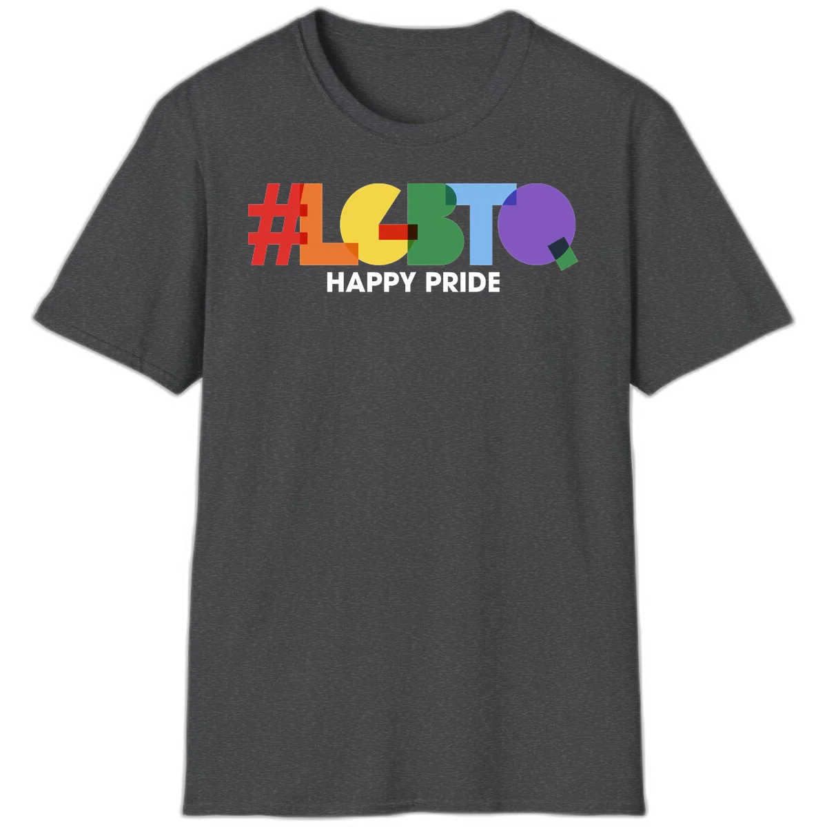 Colorful geometric letters spelling 'Happy Pride' in rainbow colors including red, orange, yellow, green, blue, and purple on gray background in Dark Heather