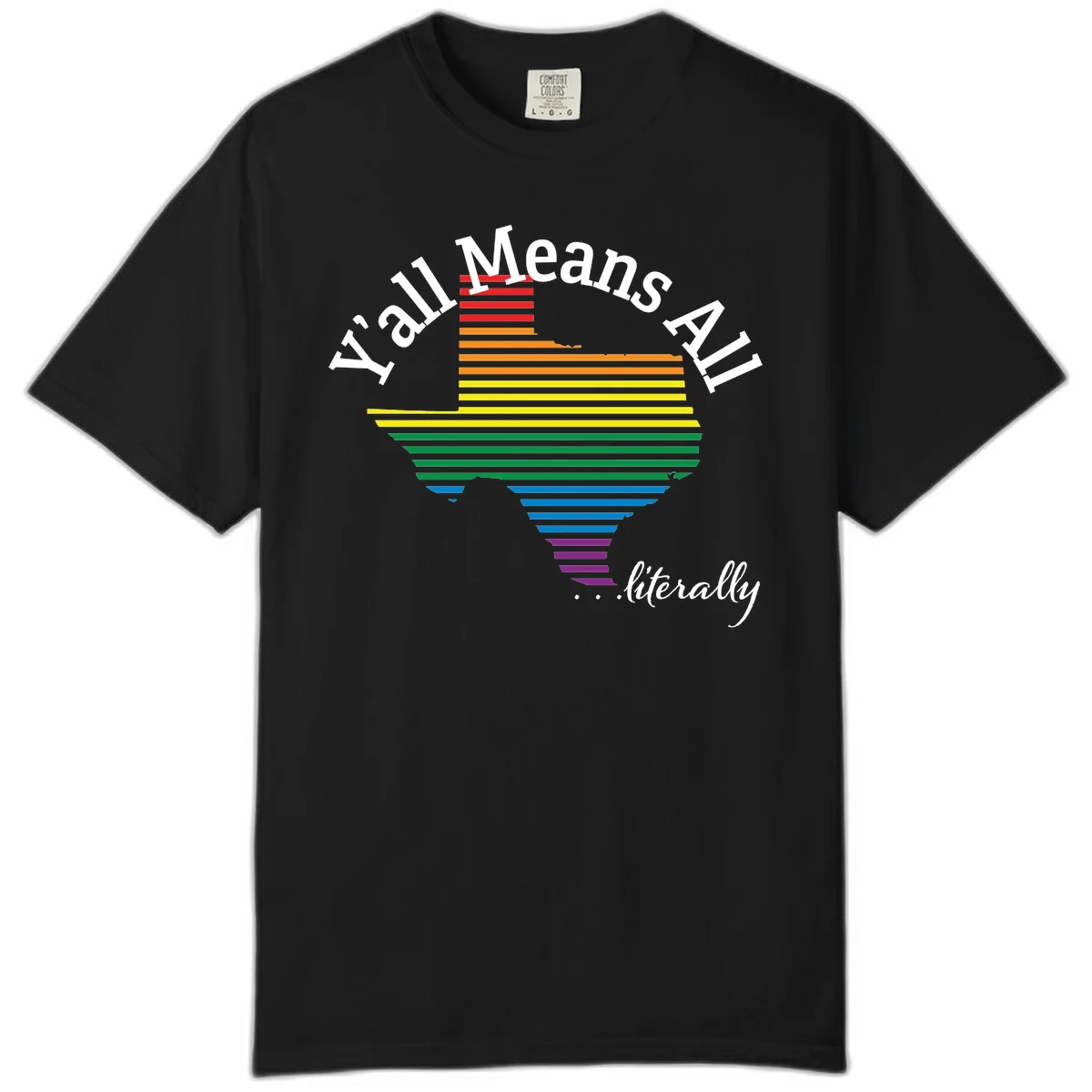 Y'all Means All Pride design featuring a rainbow-colored funnel with horizontal bars narrowing downward, with inclusive messaging in white text. in Black