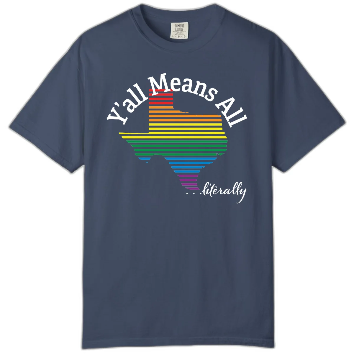 Y'all Means All Pride design featuring a rainbow-colored funnel with horizontal bars narrowing downward, with inclusive messaging in white text. in Midnight