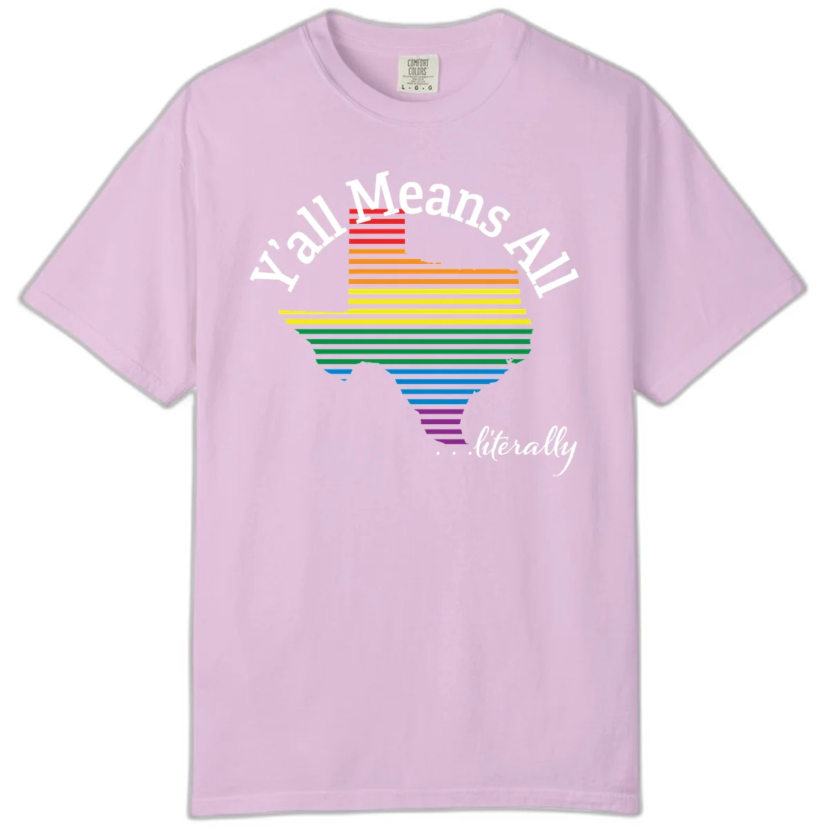 Y'all Means All Pride design featuring a rainbow-colored funnel with horizontal bars narrowing downward, with inclusive messaging in white text. in Orchid