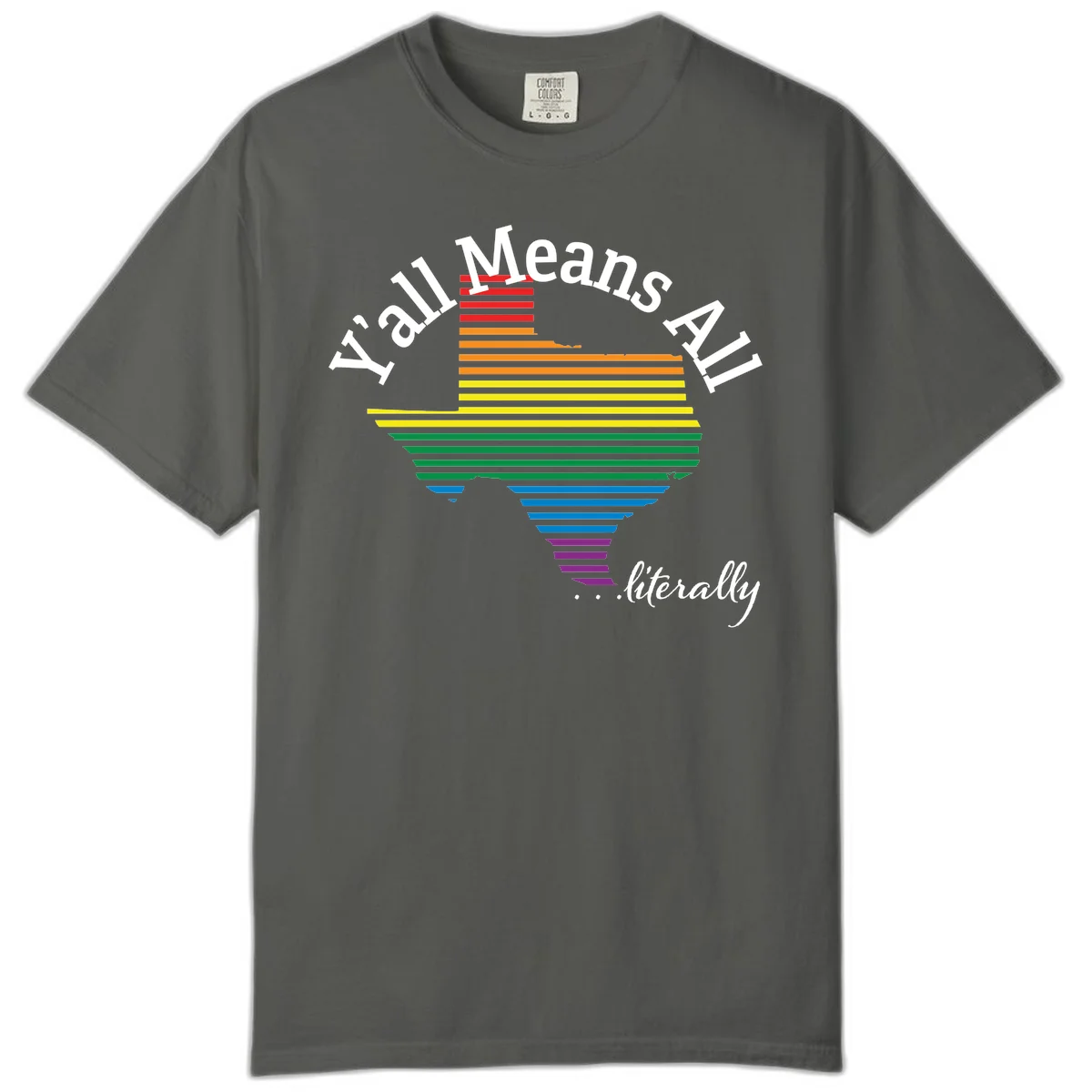 Y'all Means All Pride design featuring a rainbow-colored funnel with horizontal bars narrowing downward, with inclusive messaging in white text. in Pepper