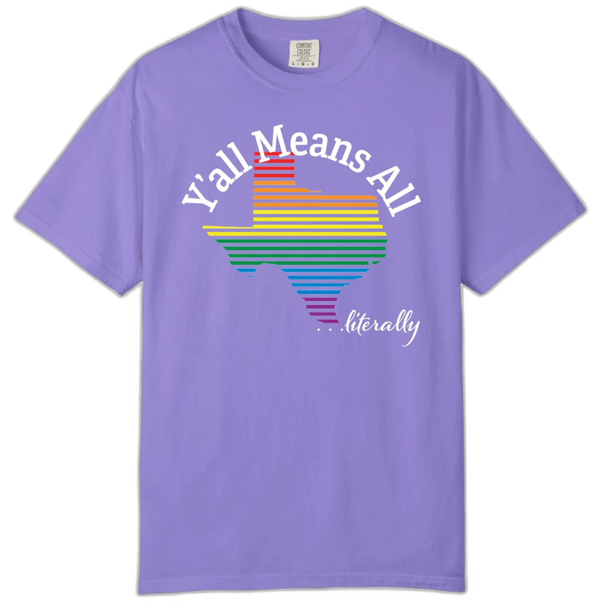 Y'all Means All Pride design featuring a rainbow-colored funnel with horizontal bars narrowing downward, with inclusive messaging in white text. in Violet