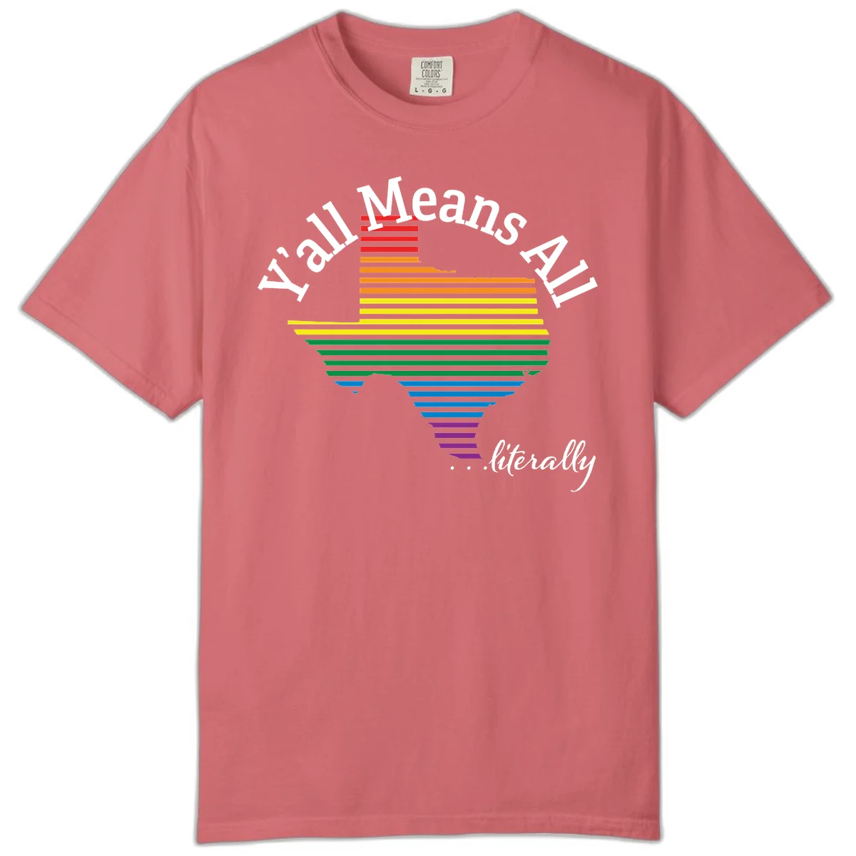 Y'all Means All Pride design featuring a rainbow-colored funnel with horizontal bars narrowing downward, with inclusive messaging in white text. in Watermelon