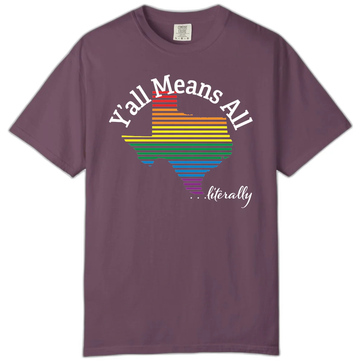 Y'all Means All Pride design featuring a rainbow-colored funnel with horizontal bars narrowing downward, with inclusive messaging in white text. in Berry