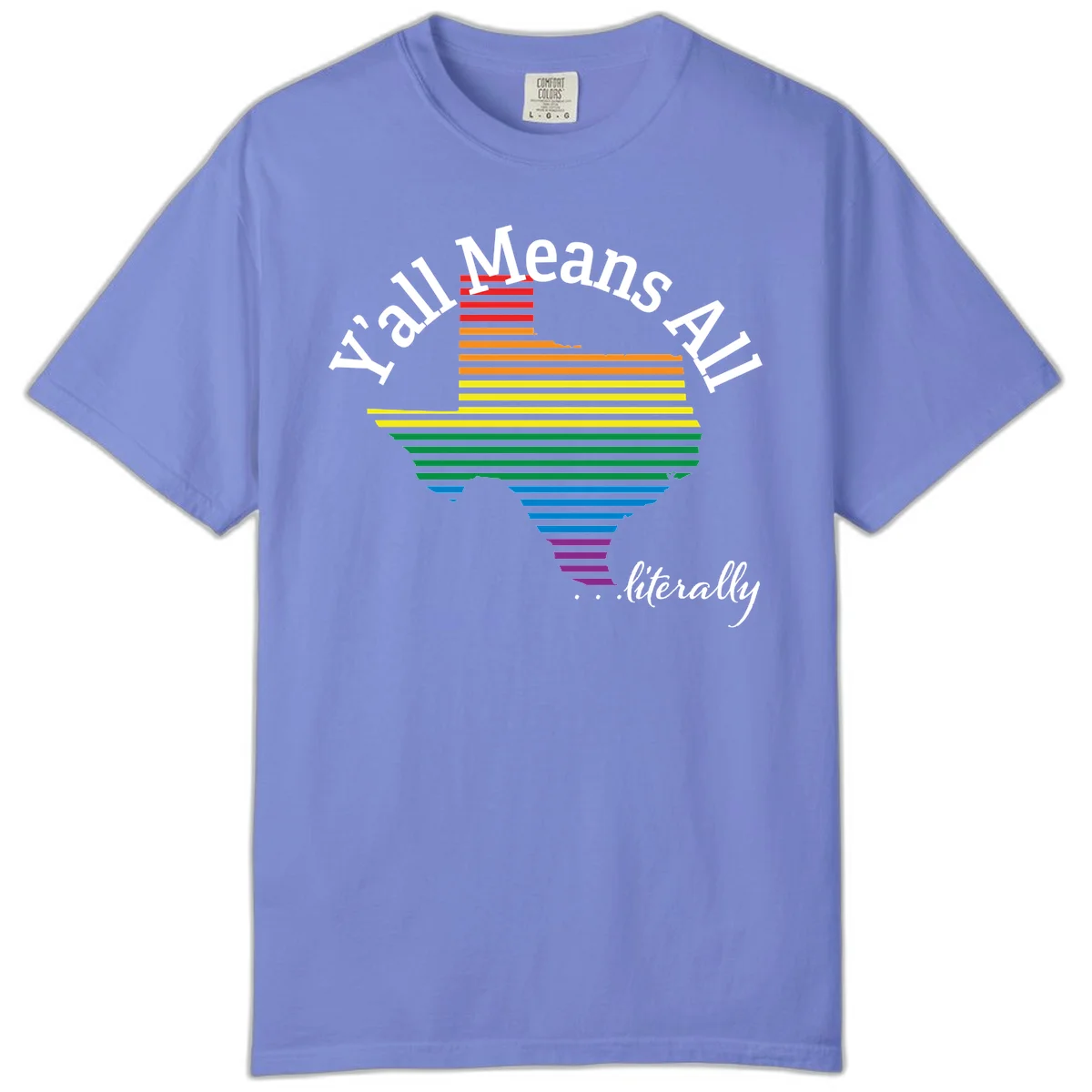 Y'all Means All Pride design featuring a rainbow-colored funnel with horizontal bars narrowing downward, with inclusive messaging in white text. in Flo Blue