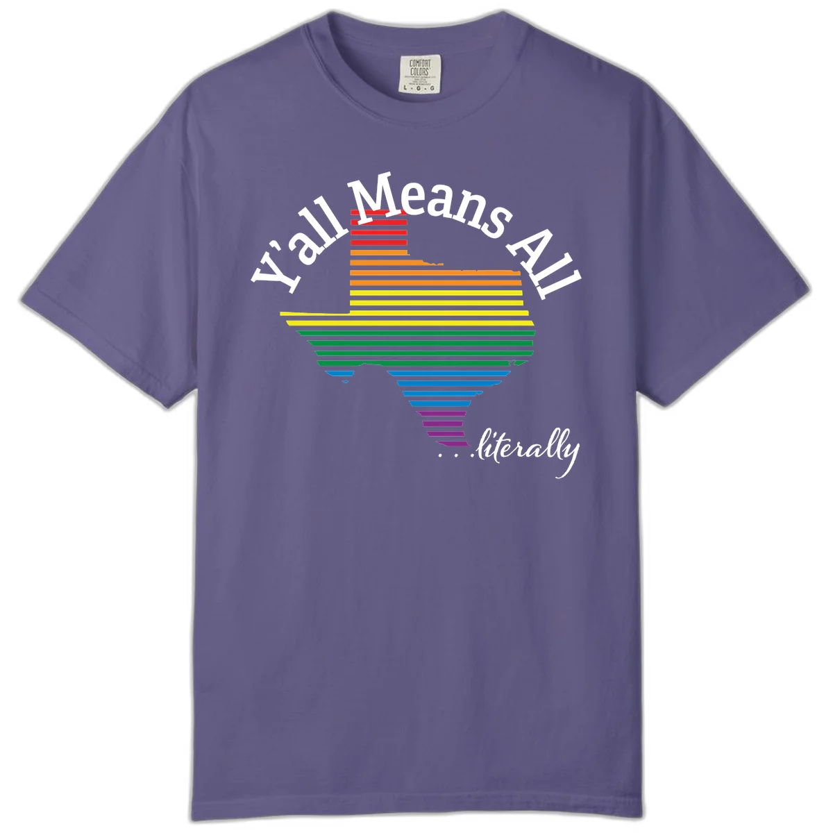 Y'all Means All Pride design featuring a rainbow-colored funnel with horizontal bars narrowing downward, with inclusive messaging in white text. in Grape