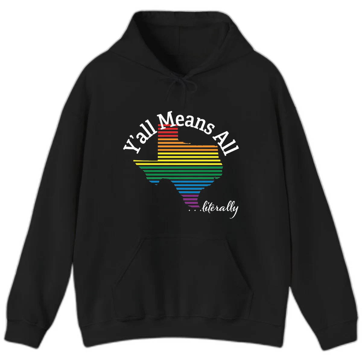 Y'all Means All Pride design featuring a rainbow-colored funnel with horizontal bars narrowing downward, with inclusive messaging in white text. in Black