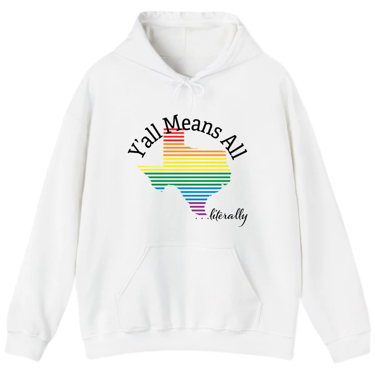 Y'all Means All Pride design featuring a rainbow-colored funnel with horizontal bars narrowing downward, with inclusive messaging in white text. in White