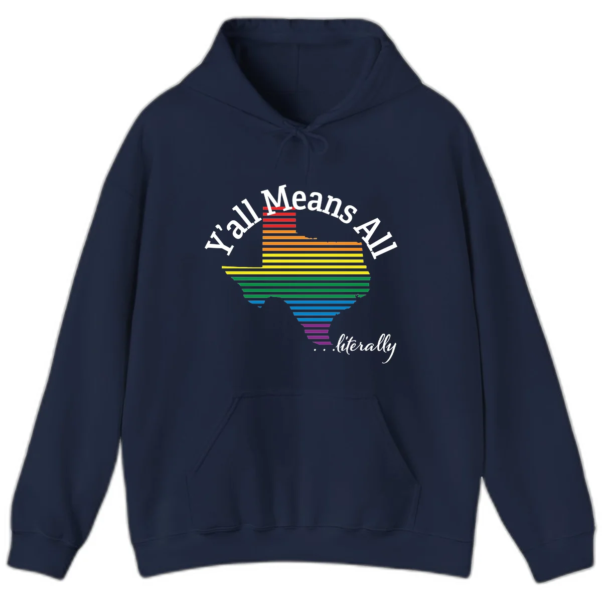 Y'all Means All Pride design featuring a rainbow-colored funnel with horizontal bars narrowing downward, with inclusive messaging in white text. in Navy