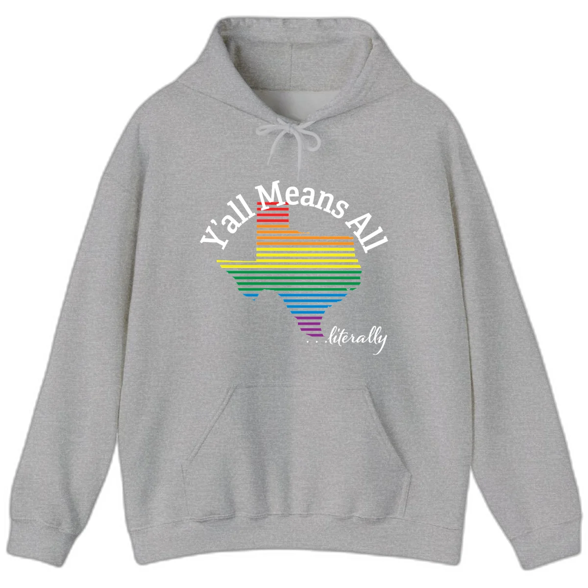 Y'all Means All Pride design featuring a rainbow-colored funnel with horizontal bars narrowing downward, with inclusive messaging in white text. in Sport Grey
