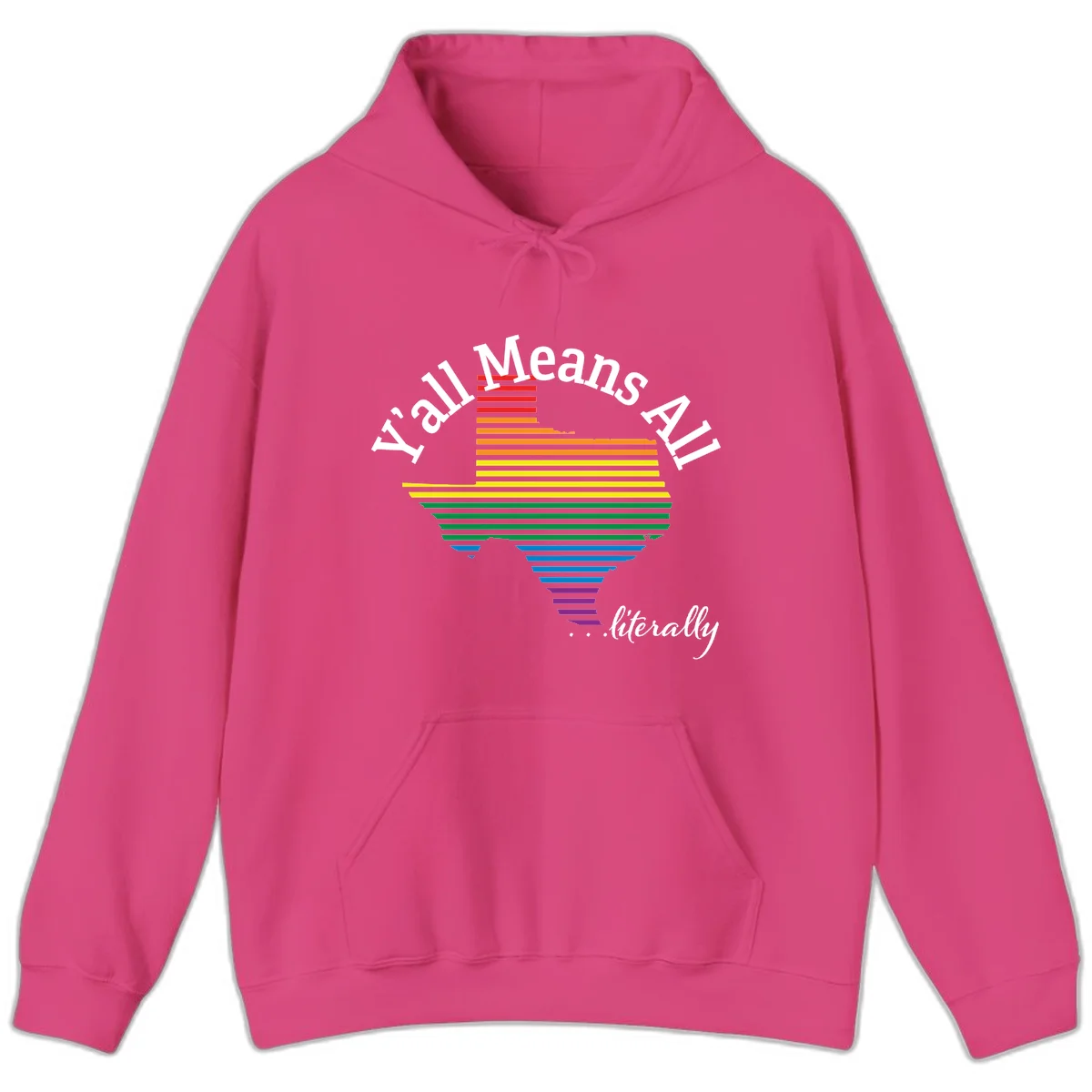 Y'all Means All Pride design featuring a rainbow-colored funnel with horizontal bars narrowing downward, with inclusive messaging in white text. in Heliconia