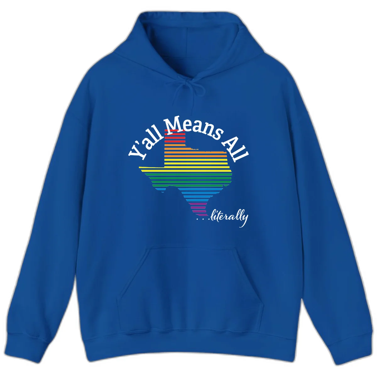 Y'all Means All Pride design featuring a rainbow-colored funnel with horizontal bars narrowing downward, with inclusive messaging in white text. in Royal
