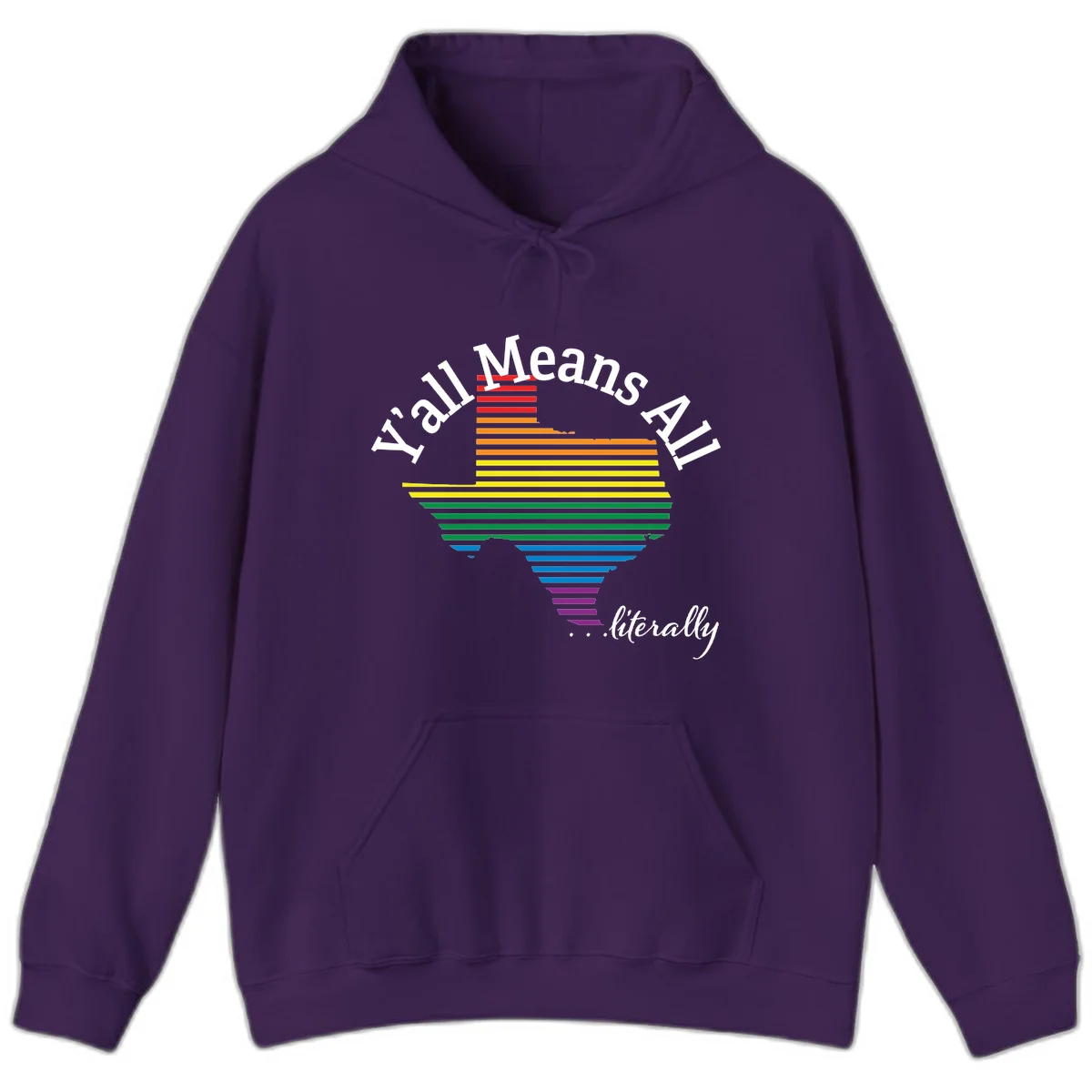 Y'all Means All Pride design featuring a rainbow-colored funnel with horizontal bars narrowing downward, with inclusive messaging in white text. in Purple