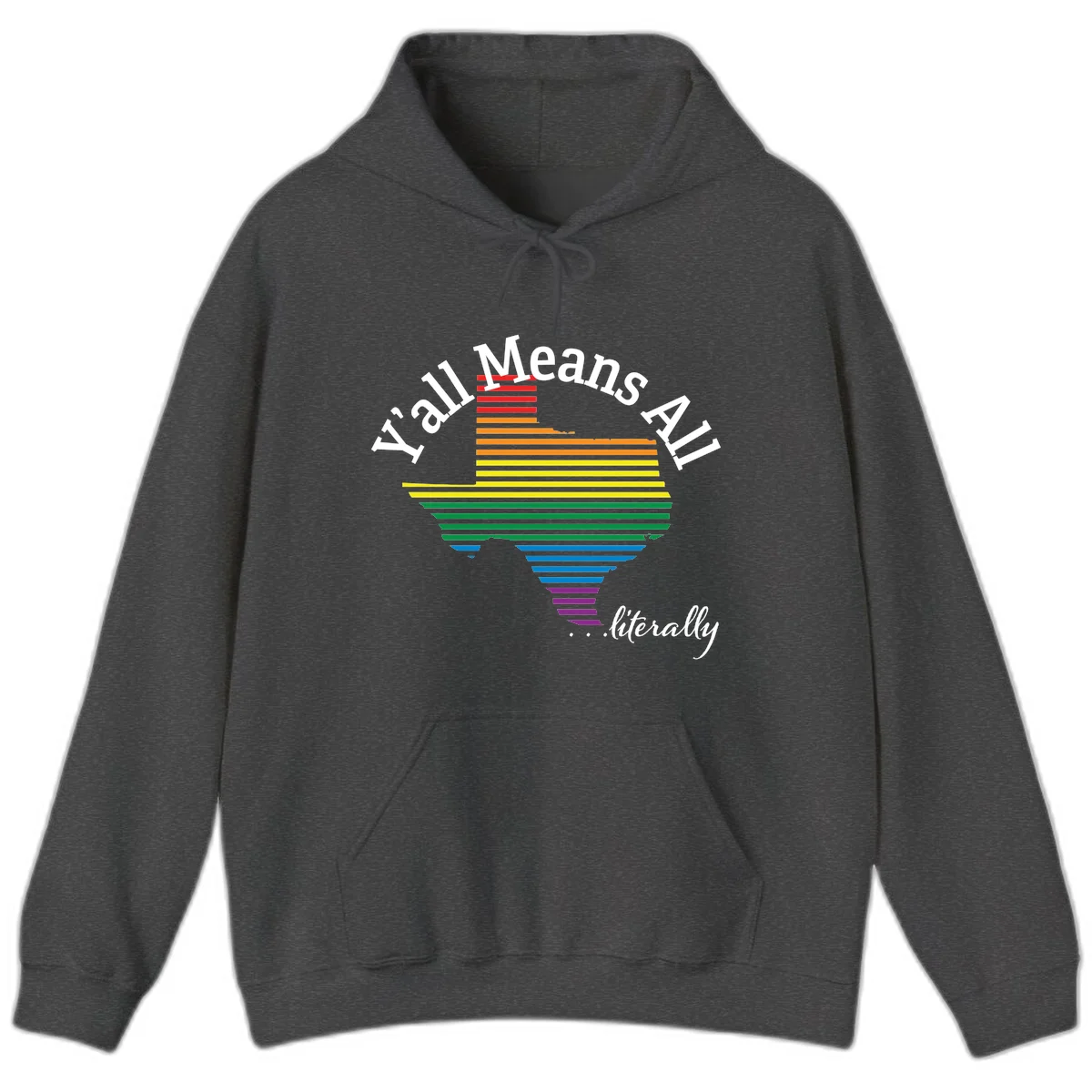 Y'all Means All Pride design featuring a rainbow-colored funnel with horizontal bars narrowing downward, with inclusive messaging in white text. in Dark Heather