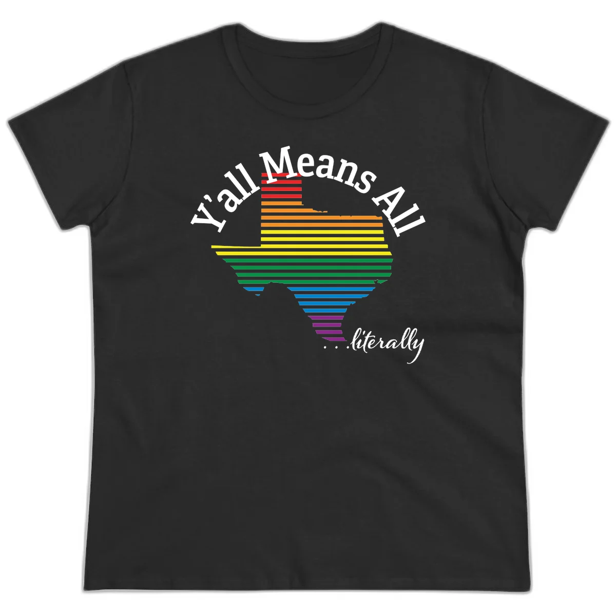 Y'all Means All Pride design featuring a rainbow-colored funnel with horizontal bars narrowing downward, with inclusive messaging in white text. in Black