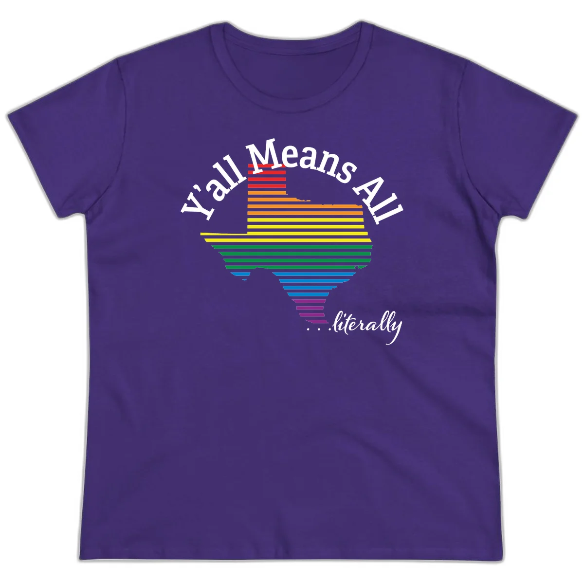 Y'all Means All Pride design featuring a rainbow-colored funnel with horizontal bars narrowing downward, with inclusive messaging in white text. in Purple