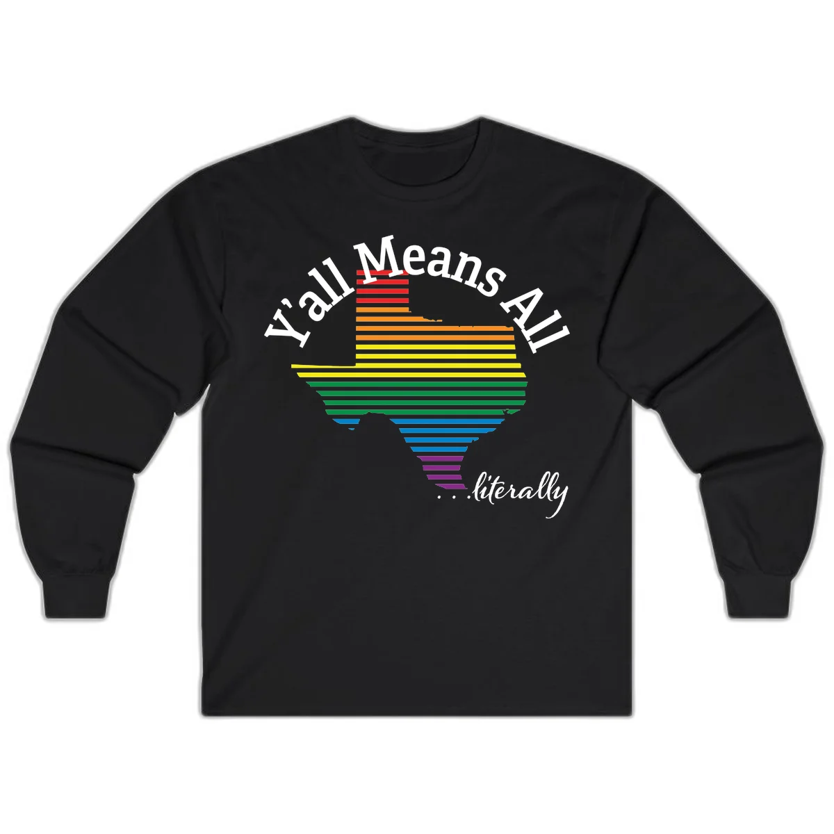 Y'all Means All Pride design featuring a rainbow-colored funnel with horizontal bars narrowing downward, with inclusive messaging in white text. in Black