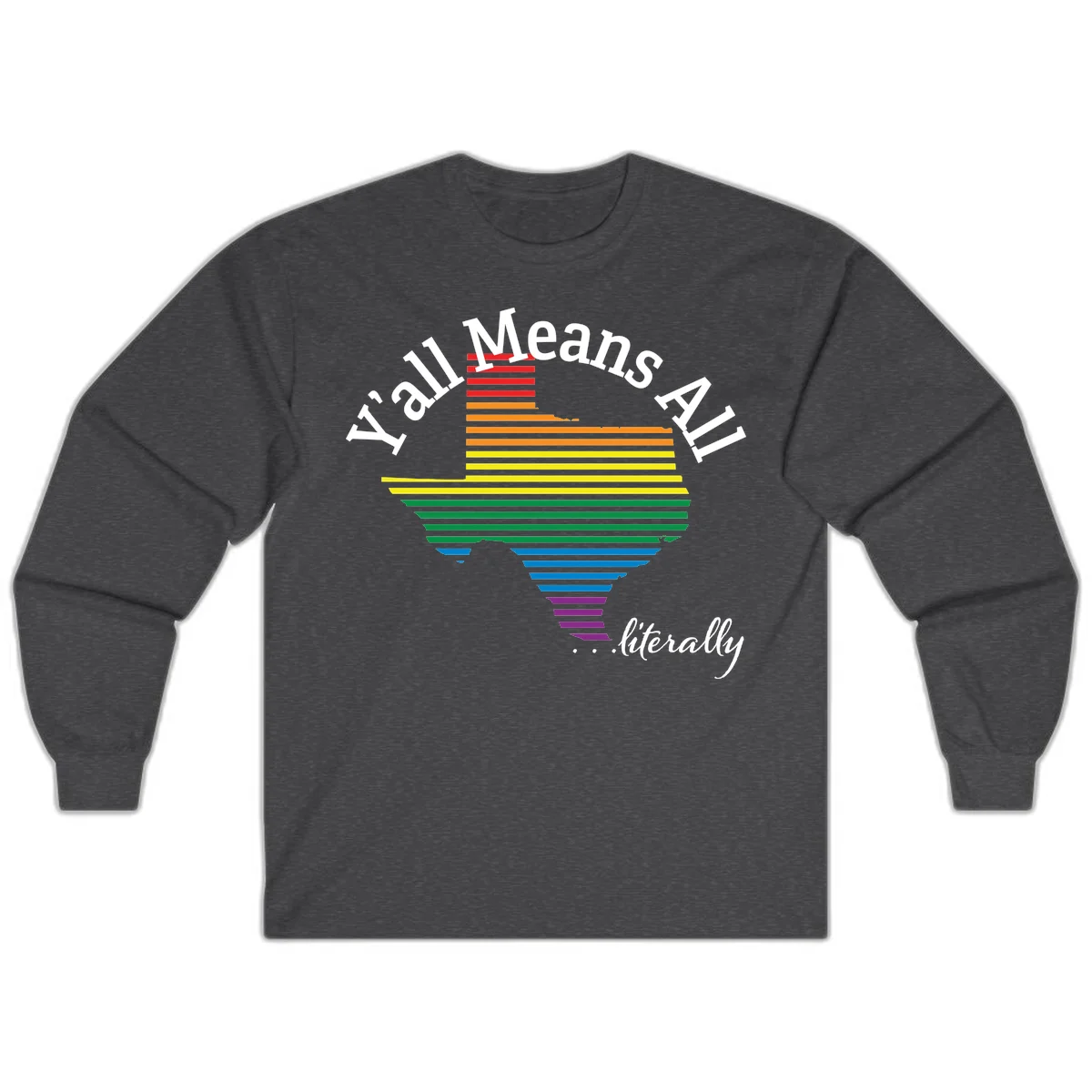 Y'all Means All Pride design featuring a rainbow-colored funnel with horizontal bars narrowing downward, with inclusive messaging in white text. in Dark Heather