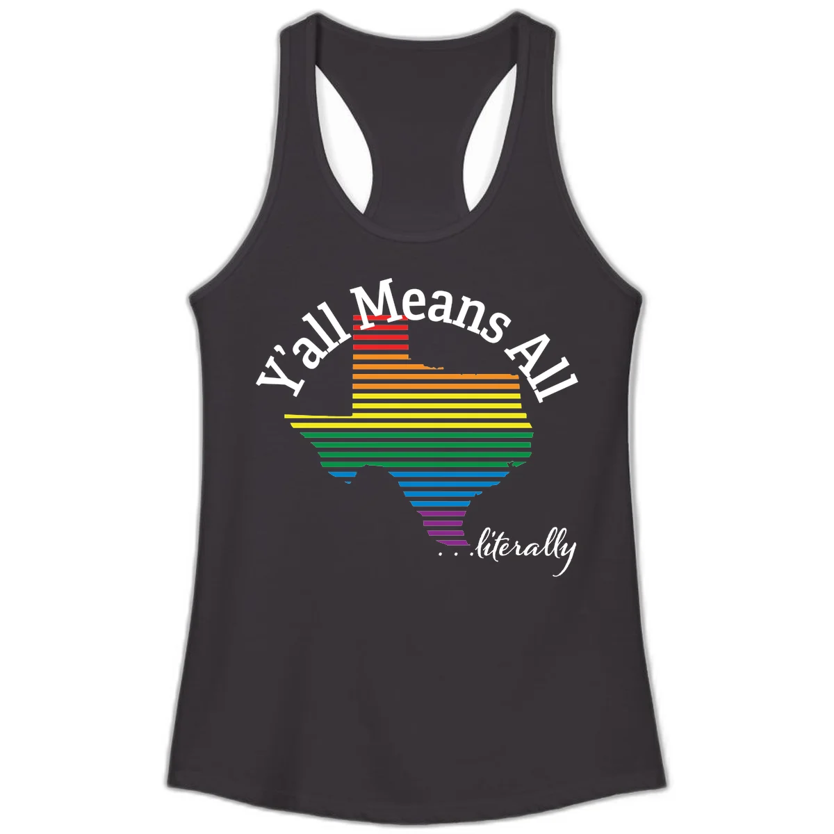 Y'all Means All Pride design featuring a rainbow-colored funnel with horizontal bars narrowing downward, with inclusive messaging in white text. in Black