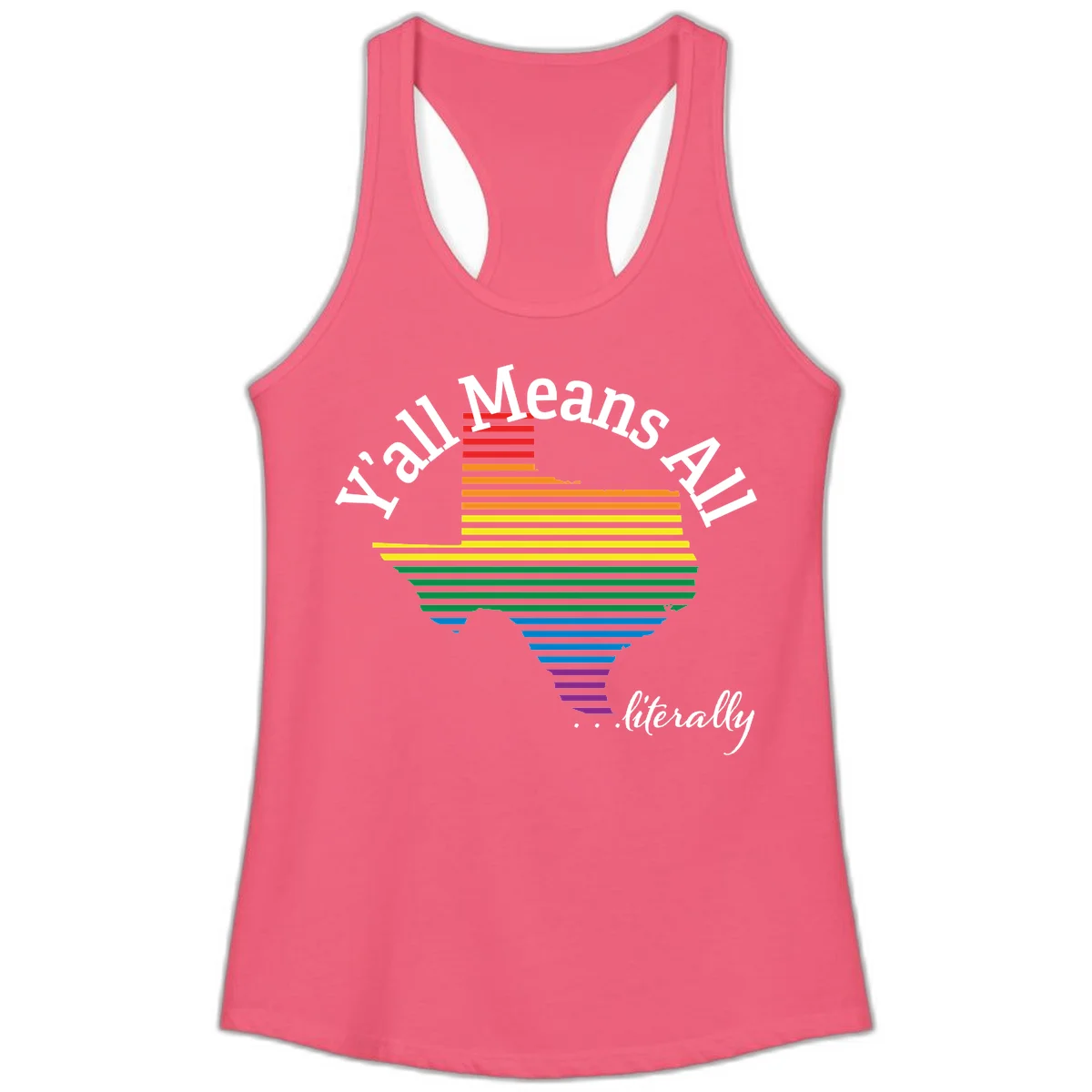 Y'all Means All Pride design featuring a rainbow-colored funnel with horizontal bars narrowing downward, with inclusive messaging in white text. in Hot Pink